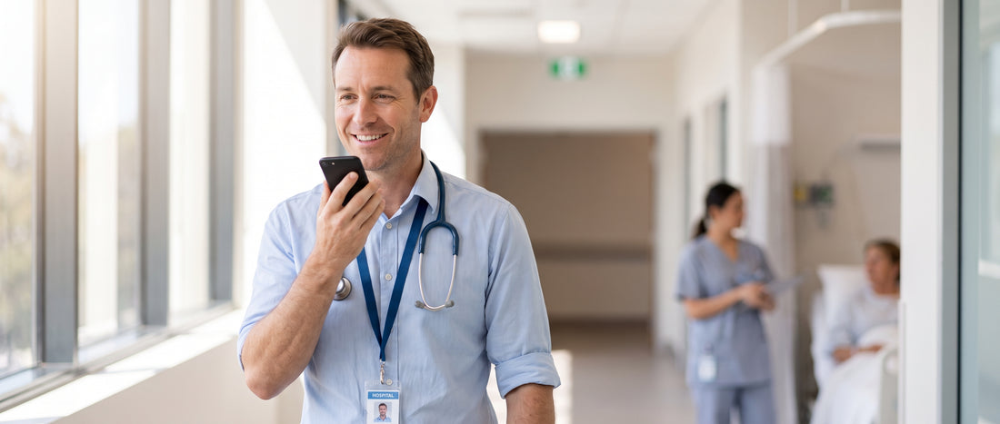 Doctor recording a voice note on his phone during ward rounds